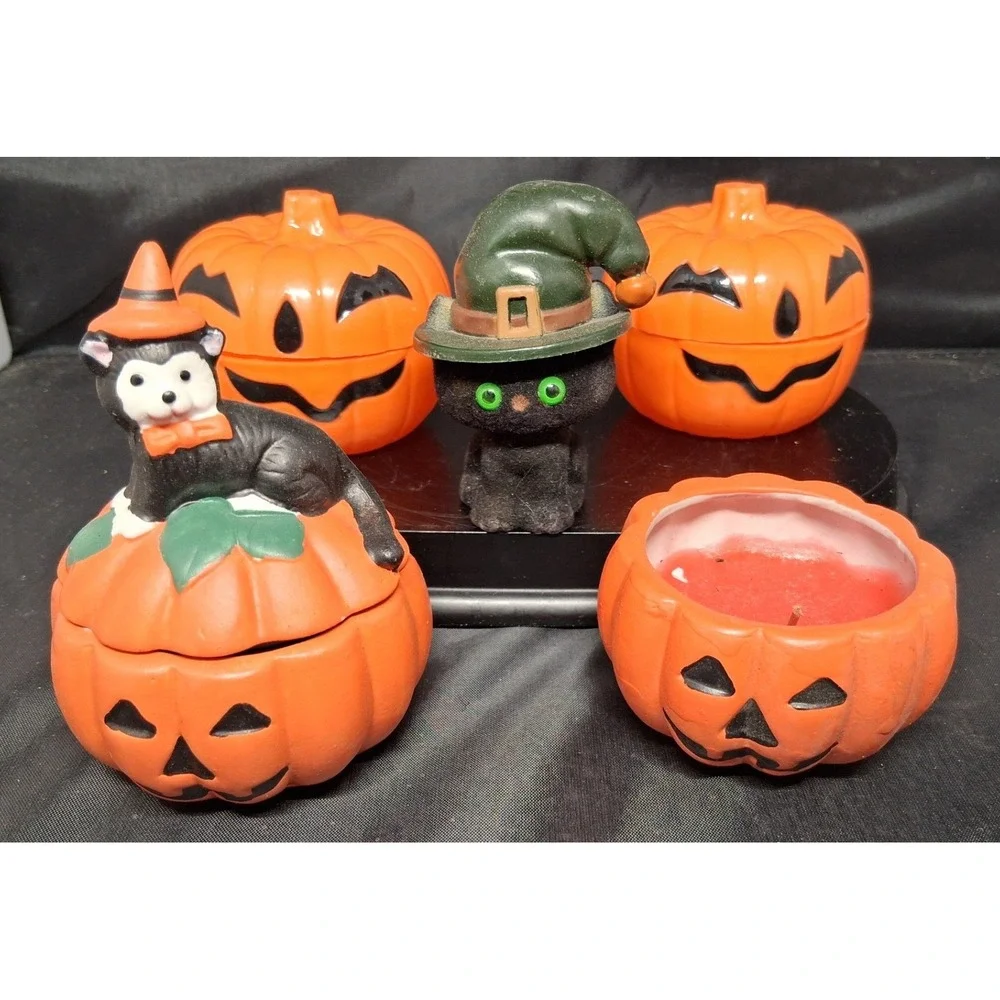 Vintage Halloween Decor Hallmark Flocked Black Cat Spearhead Pumpkin Lot 1995